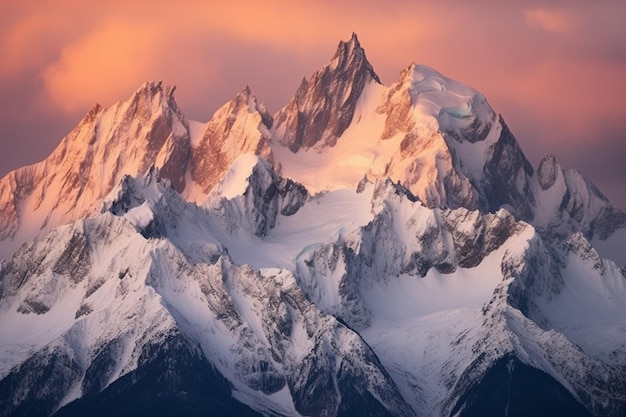 Zdjęcie alpenglow na śnieżnych szczytach o zachodzie słońca