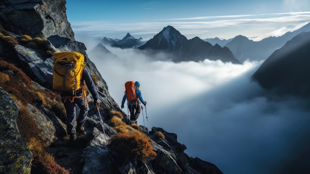 Alpiniści wspinają się w mgłowatą dolinę alpejską