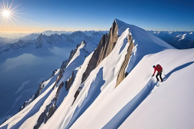 Alpinista idzie wzdłuż krawędzi wysokiej góry z pokrytymi śniegiem szczytami