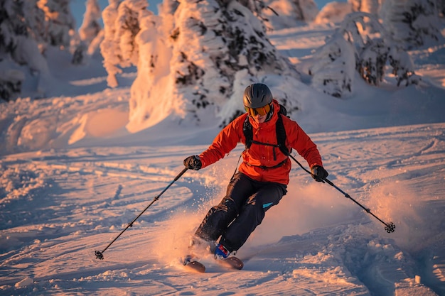 Alpinista na nartach biegowych wędrując po górach Skialpinizm w krajobrazie wysokoalpejskim z ośnieżonymi drzewami Przygoda zimowy sport ekstremalny