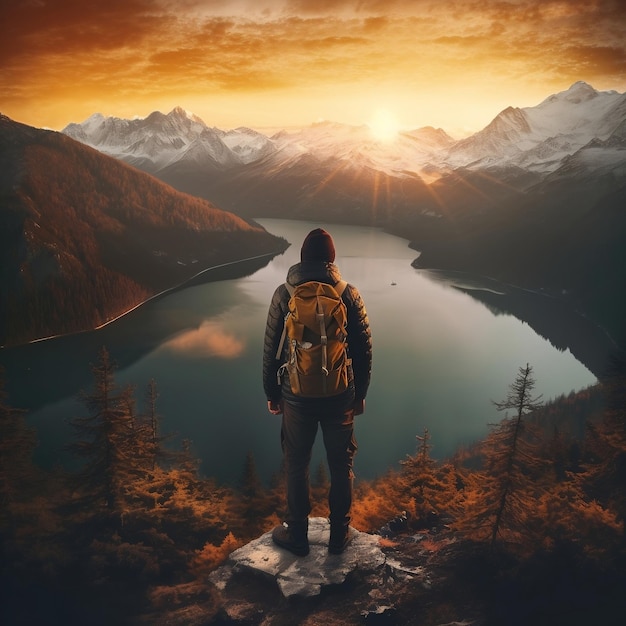 Alpinista ogląda widok na góry i jezioro o wschodzie słońca Generatywna sztuczna inteligencja