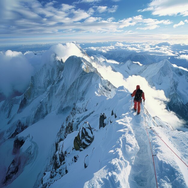 Alpinista osiąga szczyt pokrytej śniegiem góry