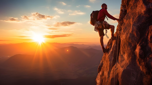Alpinista osiągający szczyt z malowniczym zachodem słońca