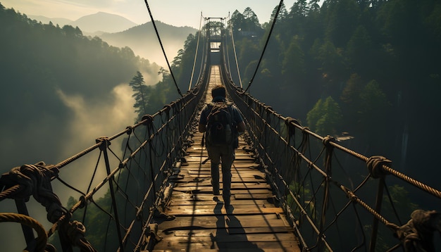 alpinista przekraczający wąski i niepewny most wiszący w Narodowy Dzień Wspinaczki Górskiej