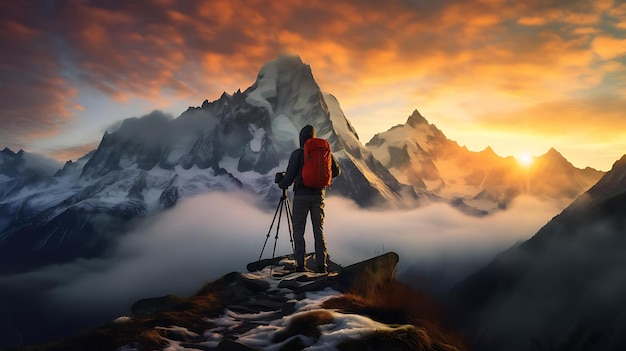 Alpinista stoi na szczycie góry i patrzy na zachód słońca