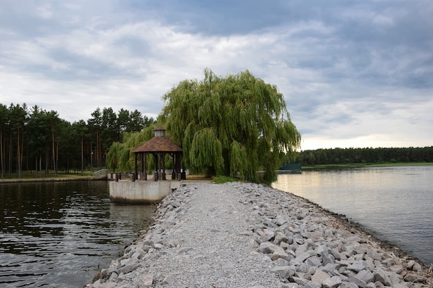 Altana pod dużym drzewem nad brzegiem jeziora ze skalistym nasypem i niebem z chmurami