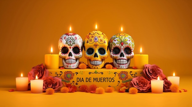 Altar con craneos pintados flores y velas enendidas en honor al dia de los muertos