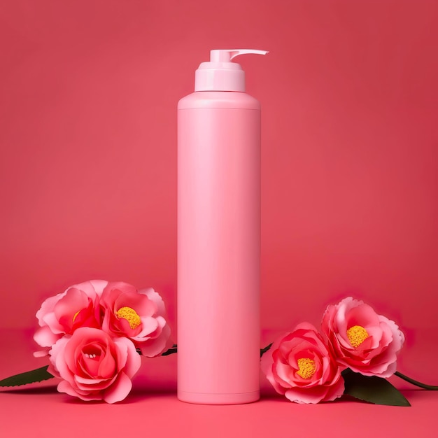 Amazon Product Picture Body Wash Cylinder Butelka Jednolity kolor różowe tło z różami AI Generative