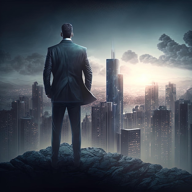 Ambitny biznesmen z wizją stojący na szczycie drapacza chmur