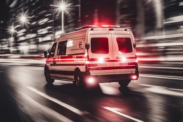 Zdjęcie ambulans medyczny jeżdżący z czerwonymi światłami przez miasto na drodze
