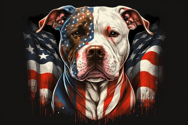 American Flag i American Pit Bull Terrier Portret na czarnym tle Generatywna ilustracja AI