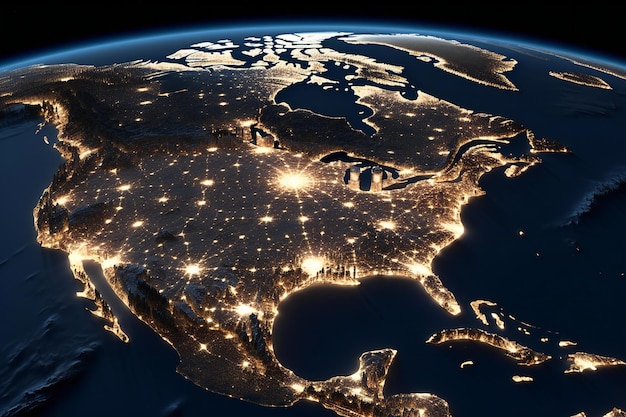 Zdjęcie ameryka północna na planecie ziemia w nocy z widocznymi światłami miast
