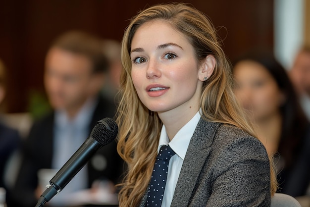 Amerykańska bizneswoman robiąca prezentację z mikrofonem w ręku