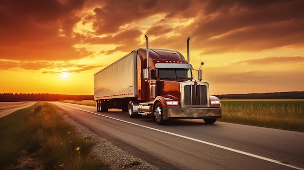 Amerykańska ciężarówka jeżdżąca po asfaltowej drodze przy pięknym zachodzie słońca