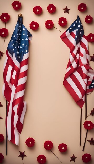 Amerykańska flaga i czerwone kwiaty na beżowym tle z przestrzenią do kopiowania
