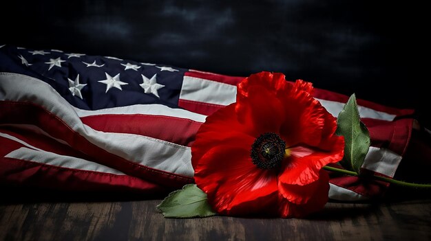 Zdjęcie amerykańska flaga i kwiat maku na ciemnym tle mak z dnia pamięci czerwone maky