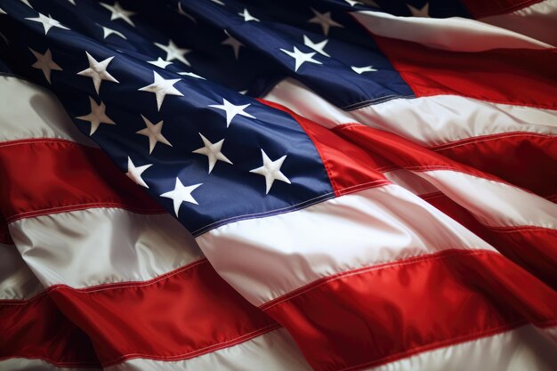 Amerykańska flaga jako zbliżenie tła Stany Zjednoczone Ameryki Amerykańskie święta narodowe USA Flagi z amerykańskimi gwiazdami pasami i kolorami narodowymi AI generowane