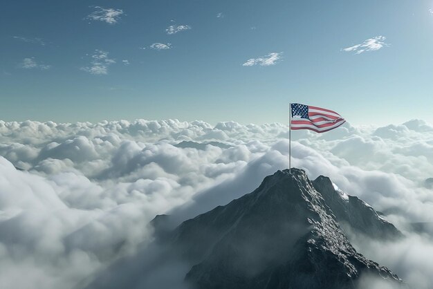 Amerykańska flaga macha na szczycie góry z chmurami i górami