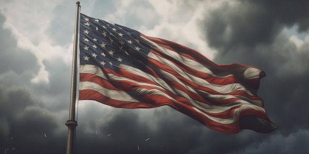 Amerykańska flaga machająca na wietrze na tle burzowego nieba z wygenerowaną sztuczną inteligencją