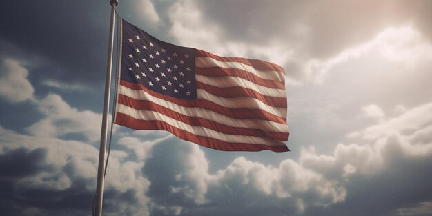 Amerykańska flaga machająca na wietrze na tle burzowego nieba z wygenerowaną sztuczną inteligencją