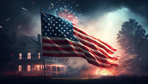 Amerykańska flaga machająca w powietrzu z fajerwerkami i widokiem sceny nocnej czwarta koncepcja lipca Dzień Niepodległości czas na rewolucję 4 lipca
