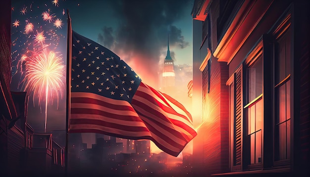 Amerykańska flaga machająca w powietrzu z fajerwerkami i widokiem sceny nocnej czwarta koncepcja lipca Dzień Niepodległości czas na rewolucję 4 lipca