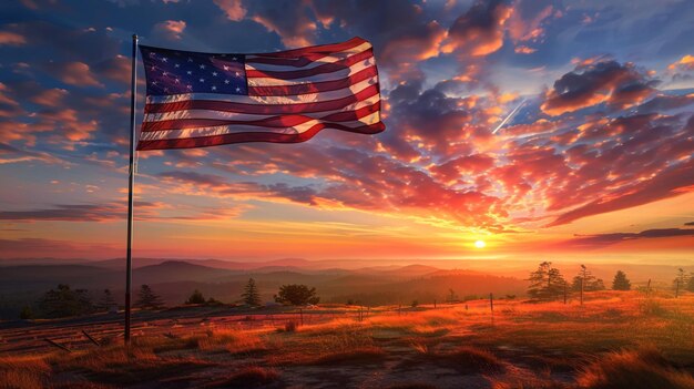 Amerykańska flaga na słupie, machająca na wietrze przeciwko chmurom, amerykańska flaga przed jasnym niebem.
