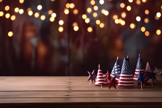 Amerykańska flaga na stole z drewna Święto Niepodległości w tle Generative AI