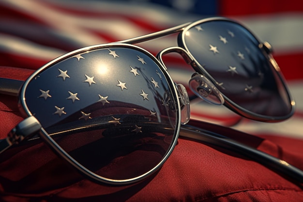 Zdjęcie amerykańska flaga odzwierciedlona w okularach przeciwsłonecznych weteranów