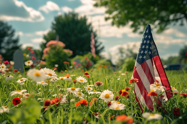 Amerykańska flaga pośród pola kwiatów