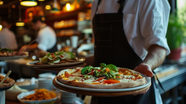 Amerykańska kuchnia Pizza Kelner służący w ruchu na służbie w restauracji Kelner niesie naczynia