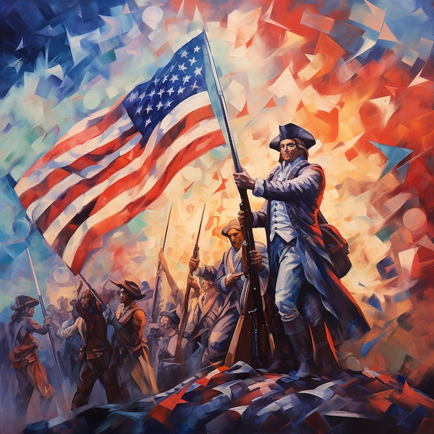 Amerykańska rewolucja Wojna o niepodległość Battlefield konie pistolety i amerykańska flaga