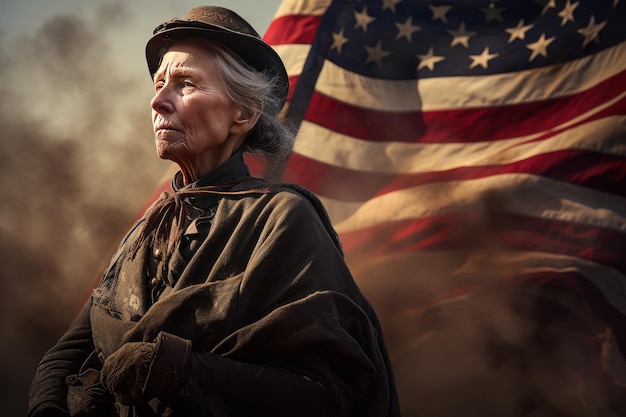 Amerykańska stara kobieta wojskowy vintage portret patriotyczny Generuj AI