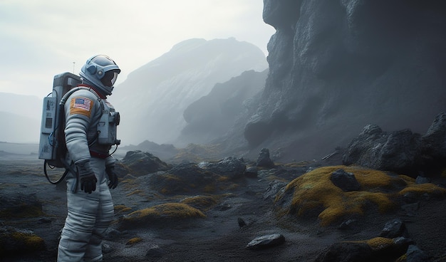 Amerykański astronauta stoi na gołej skalistej ziemi Lądowanie na innej planecie Generative AI
