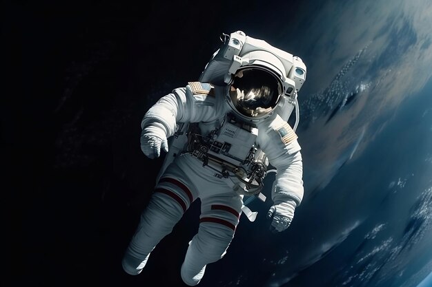 Amerykański astronauta w kosmosie z ziemią w tle stworzony za pomocą technologii Generative AI