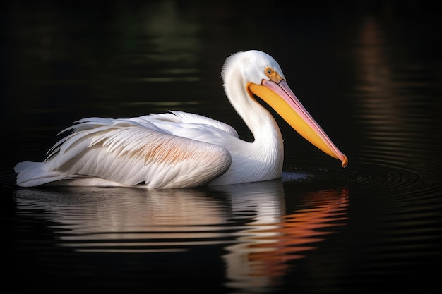 Amerykański biały pelikan w wdzięcznym locie nad spokojnymi wodami generatywnymi IA