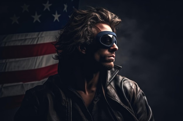 Amerykański bohater patriota człowiek w ciemnym tle flagi USA generatywna ai