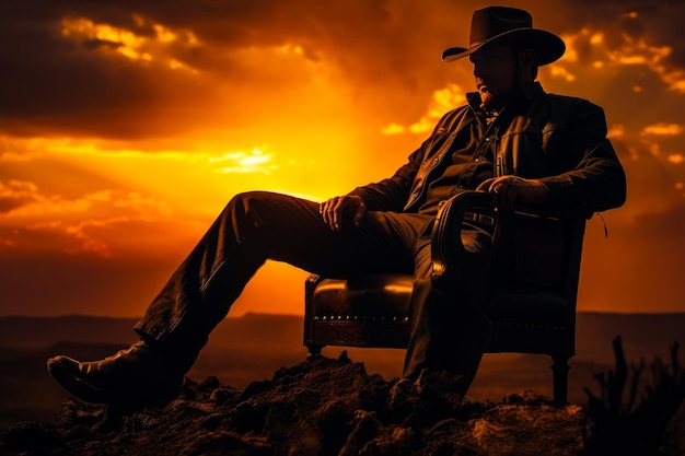 Amerykański kowboj w skórzanej kurtce i kapeluszu z karabinem i pistoletem siedzący na krześle przy zachodzie słońca na ranczu