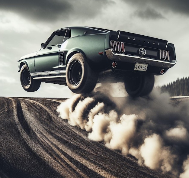 Zdjęcie amerykański mustang mięśni klasyczny samochód drift spalić gumę w wyścigu na ulicy