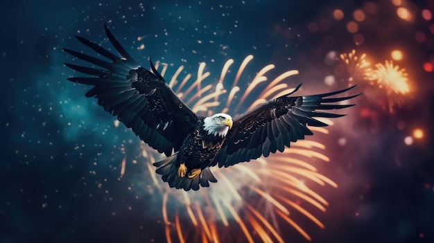 Amerykański orzeł łysy latający z fajerwerkami w tle