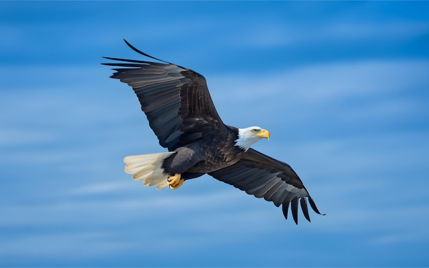 Amerykański orzeł łysy unoszący się nad niebieskim niebem Alaski