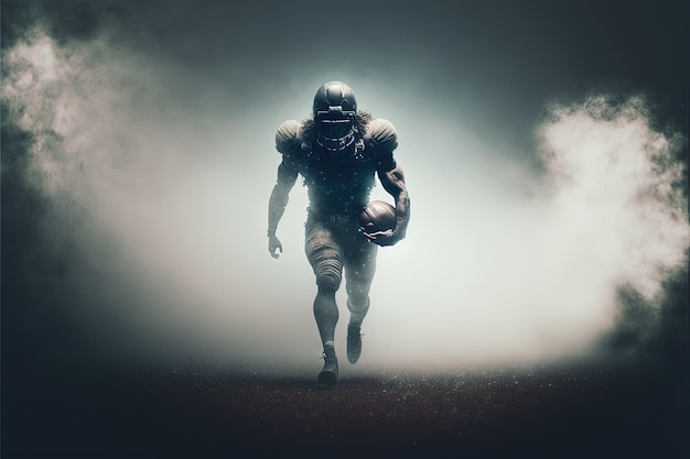 Amerykański piłkarz w dynamicznej scenie akcji z mgłą i mgłą Generative Ai