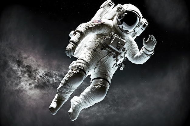 Amerykański pływający astronauta w białym garniturze w stanie nieważkości w ciemnej materii