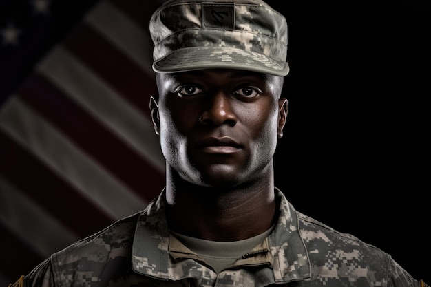 Amerykański żołnierz w mundurze stojący wysoko i pozdrawiający z amerykańską flagą w tle Generacyjna sztuczna inteligencja