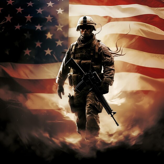 Amerykański żołnierz z amerykańską flagą na tle i karabinem maszynowym w ręku