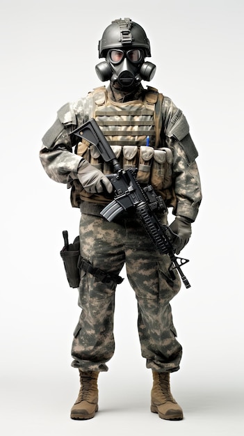amerykański żołnierz z maską w pełnym mundurze bojowym na pustym tle