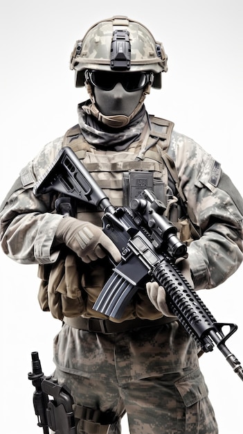 amerykański żołnierz z maską w pełnym mundurze bojowym na pustym tle