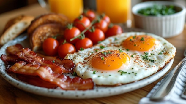 Amerykańskie śniadanie z jajkami, chlebem, mlekiem, kawą i sokem pomarańczowym.