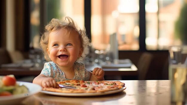Amerykańskie szczęśliwe dziecko siedzi przy stole z smaczną, chrupiącą, świeżą pizzą.