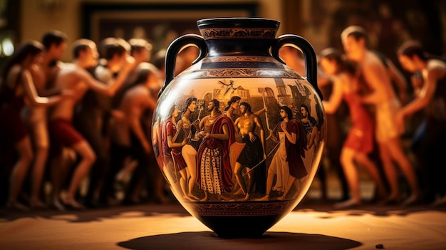 Zdjęcie amfora świętuje starożytną grecką muzykę i taniec z szczegółowymi przedstawieniami